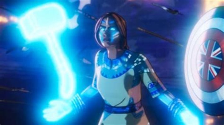 Kahhori wields a glowing Mjolnir and Captain Carter is armed with her shield, a gamma-irradiated sword and Hela's helmet in What If...? season 2 episode 9